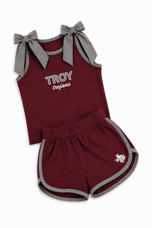 (Custom Design Preorder MOQ 5) Teams Troy Trojans Grey Bows Vest Top Shorts Mommy and Me Summer Yoga Clothes Set