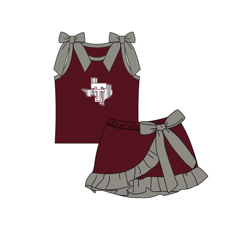 (Custom Design Preorder MOQ 5) Teams Troy Trojans Bows Top Ruffle Skort Girls Summer Clothes Set