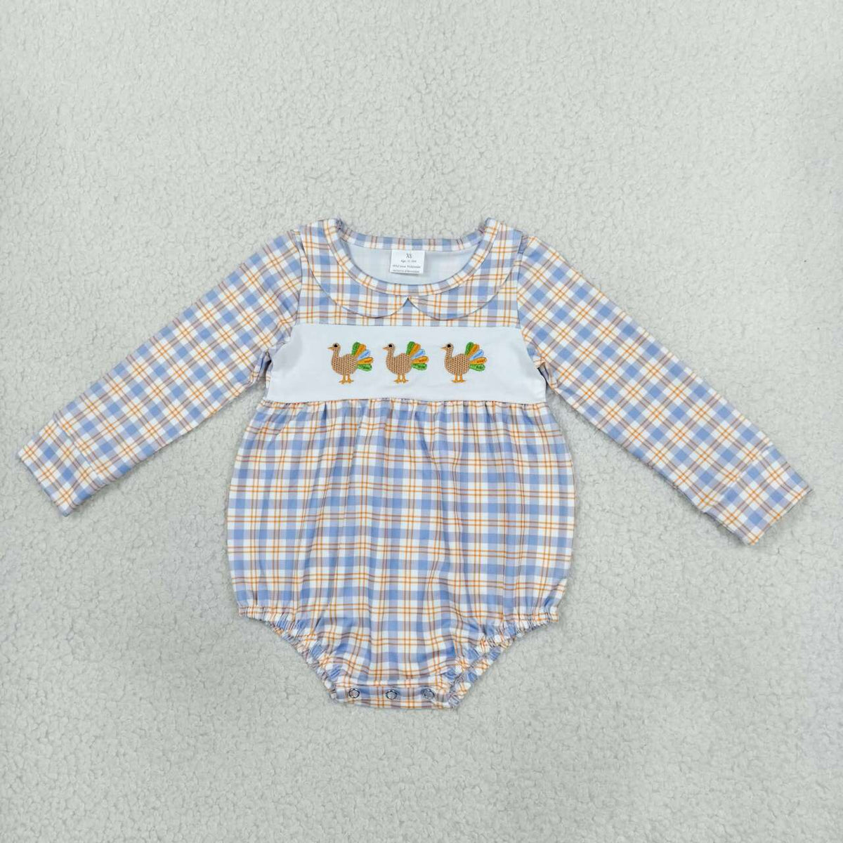 LR3132 Turkey Embroidery Plaid Print Baby Boys Thanksgiving Romper