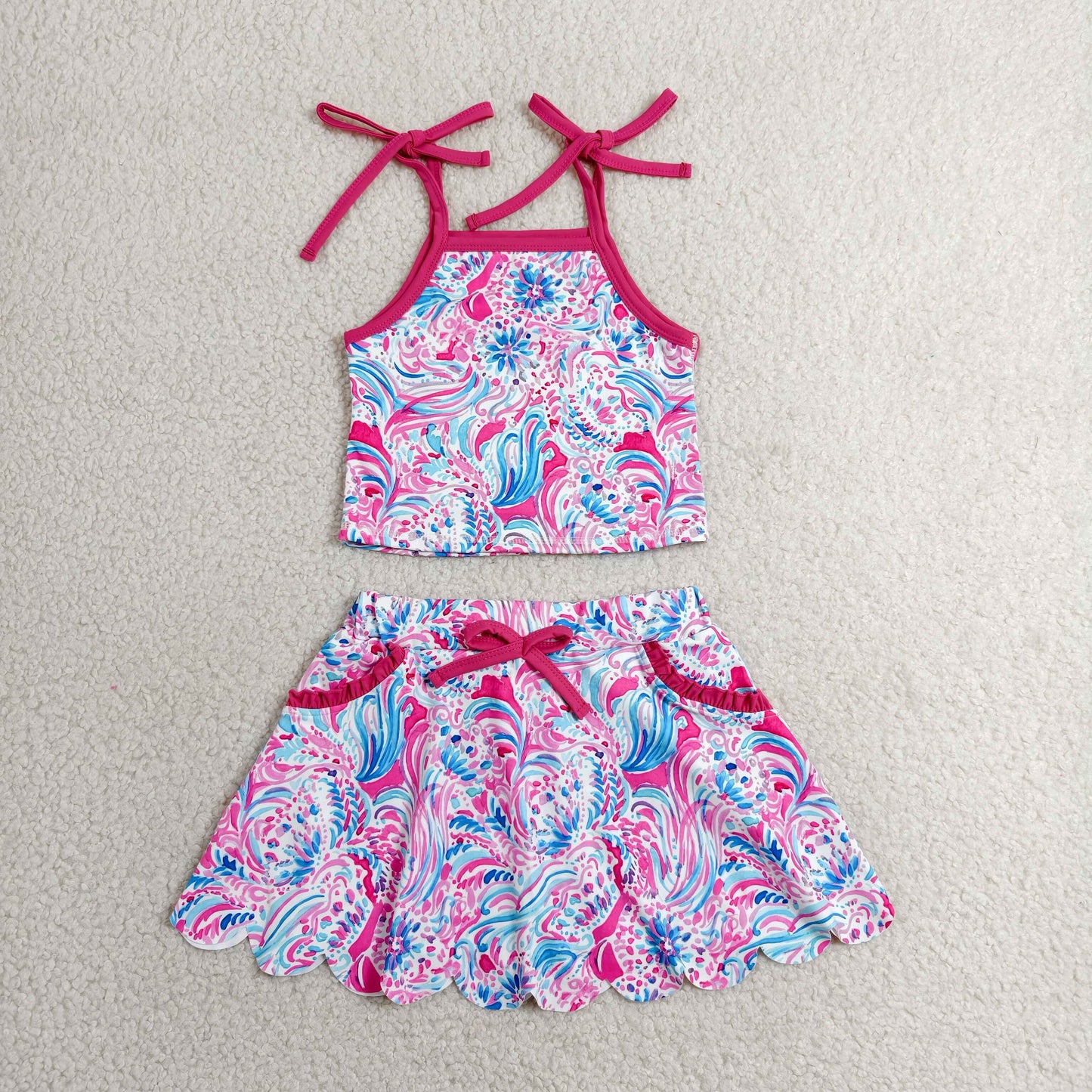GSD3728 Hot Pink Seaweed Strap Tank Top Pockets Scallop Skort Girls Summer Yoga Clothes Set