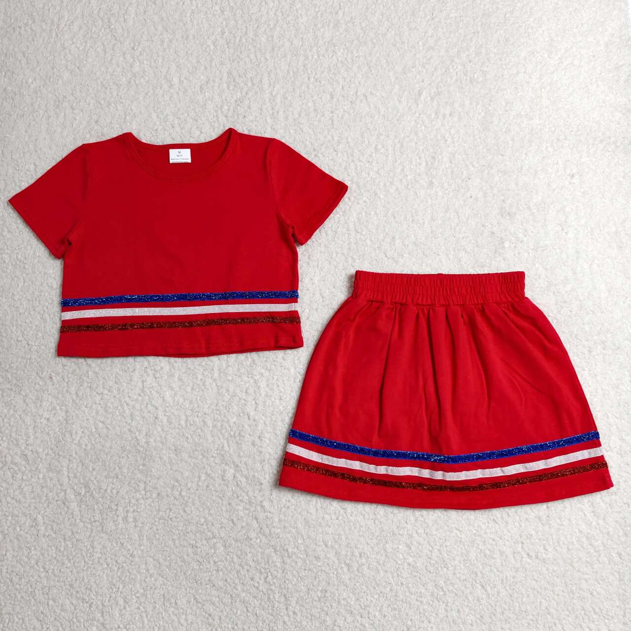 GSD3812 Girls 4th of July Red Cotton Outfits - Sequin Stripe Crop Top & Skort Set