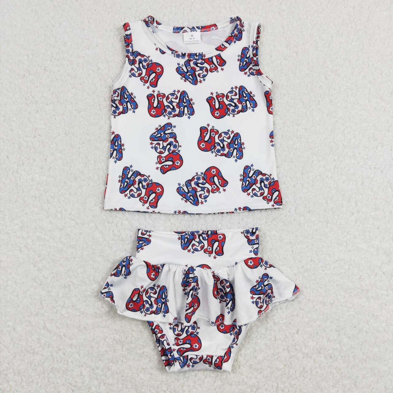 GBO0225 USA Stars Vest Top Ruffle Shorts Baby Girls 4th of July Bummie Set
