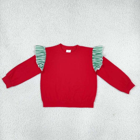 GT1844 Girls Green Striped Flutter Long Sleeve Light Red Top