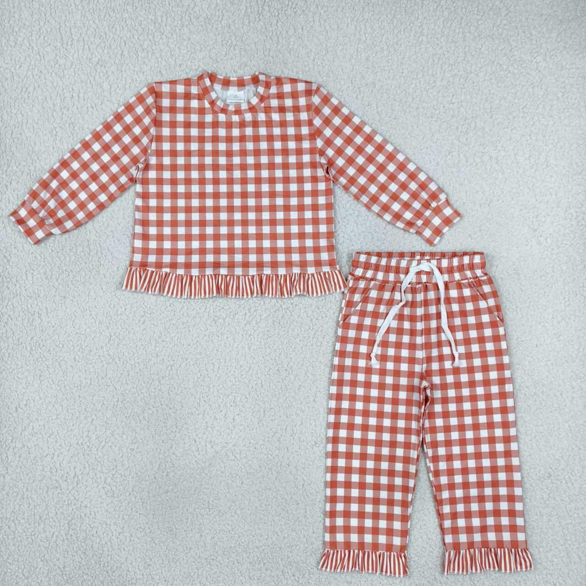 GLP3672 Orange Gingham Long Sleeve Top Pockets Ruffle Pant Girls Clothes Set