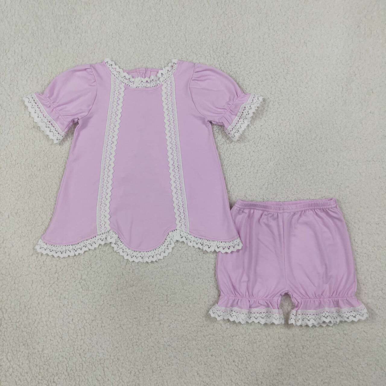 GSSO3681 Lavender Cotton Lace Trim 2-Piece Outfits | Puff Sleeve Backless Top & Bloomer Shorts Baby Girls Summer Clothes Set