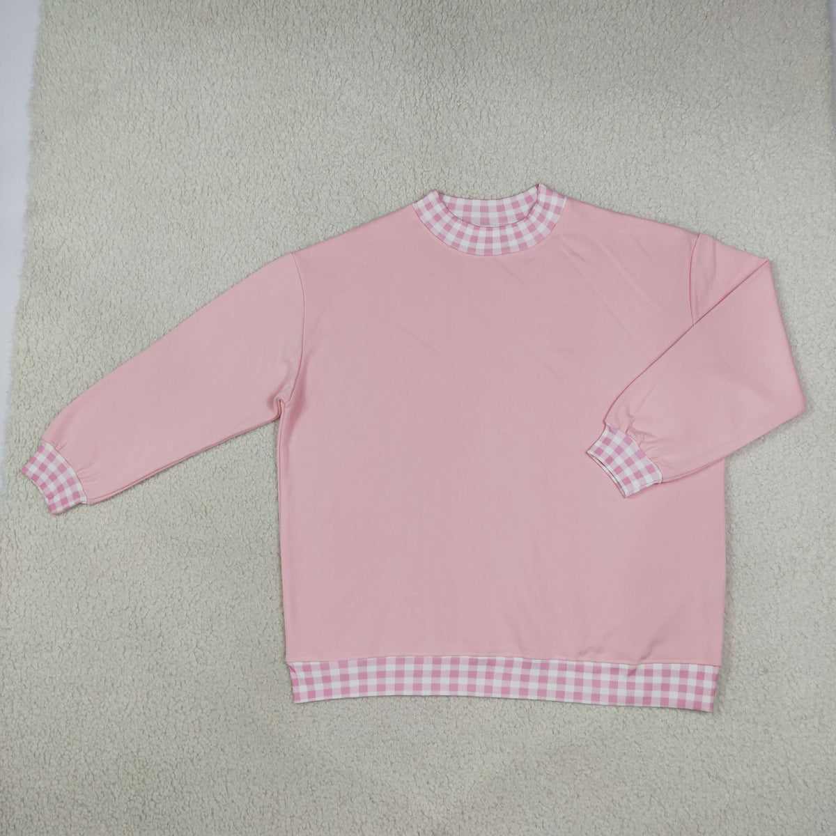 GT1794 Pink Gingham Trim Neck Cuff Hem Woman Long Sleeve Sweatshirt Top