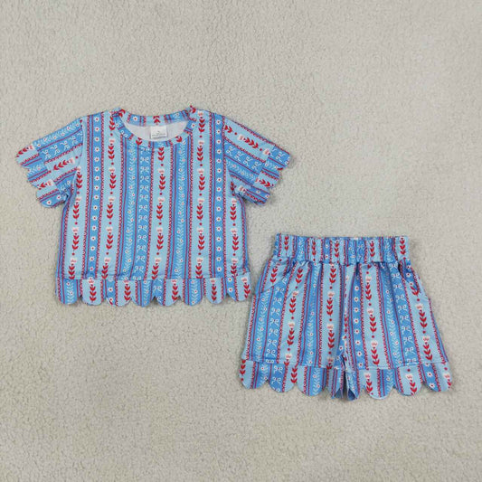 Flowers Stripes Baby Girls 4th of July Scalloped Clothes Set