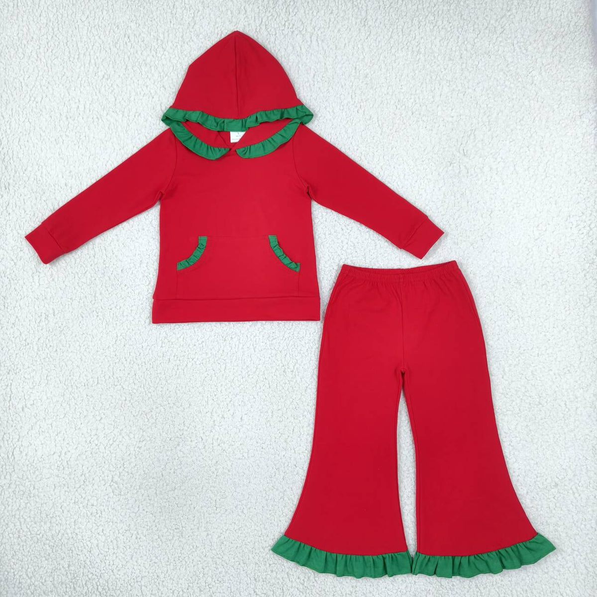 GLP3751 Red Cotton Pocket Hoodie Top Ruffle Bell Pants Girls Christmas Clothes Set