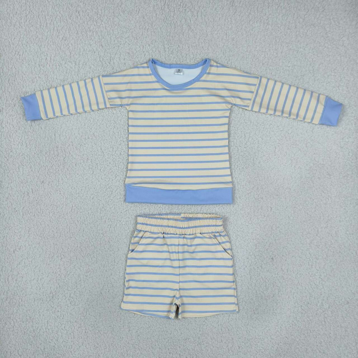 GLS0125 Blue Yellow Striped Girls Long Sleeve Top Pockets Shorts Yoga Outfits