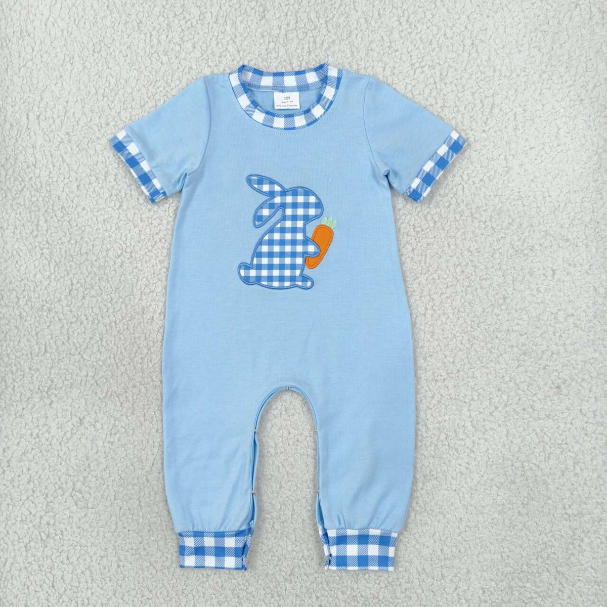 SR4297 Bunny Carrot Embroidery Blue Checkered Print Baby Boys Easter Romper