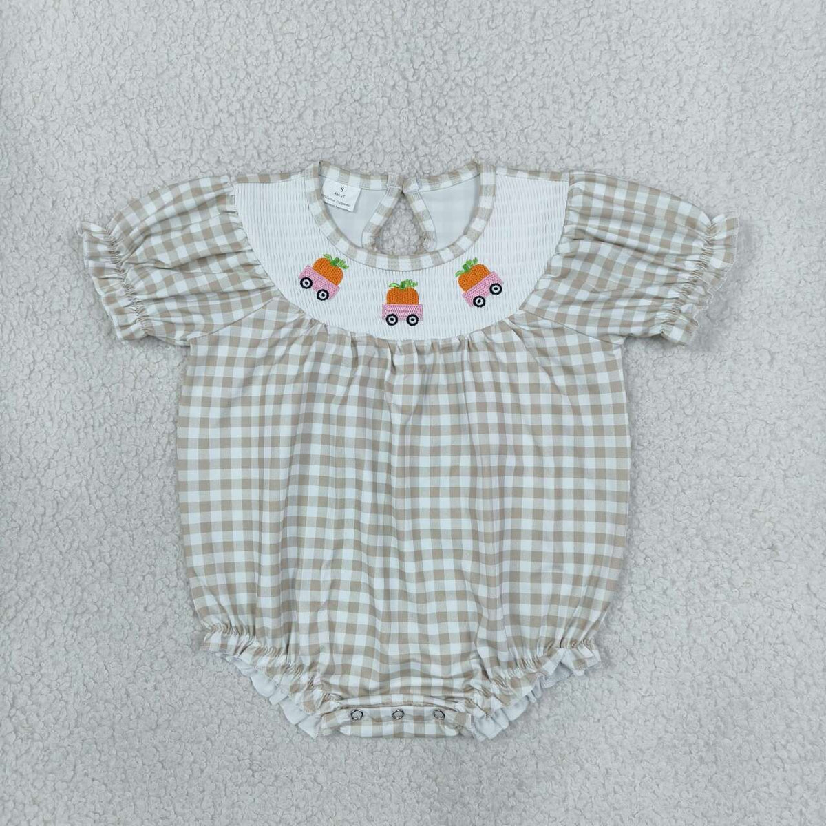 SR4280 Pumpkin Truck Embroidery Gingham Baby Girls Bubble Smocked Romper
