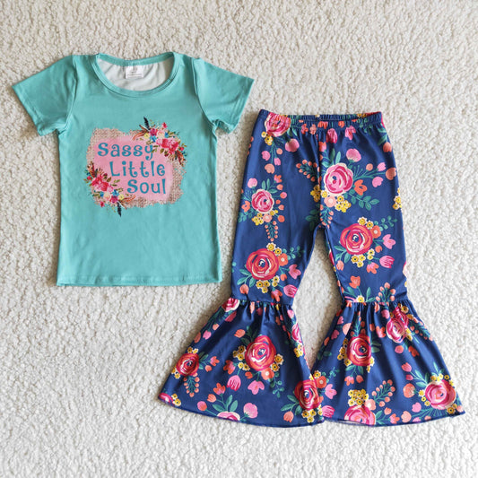 (Promotion)Sassy short sleeve floral print bell bottom pants outfits   C11-4