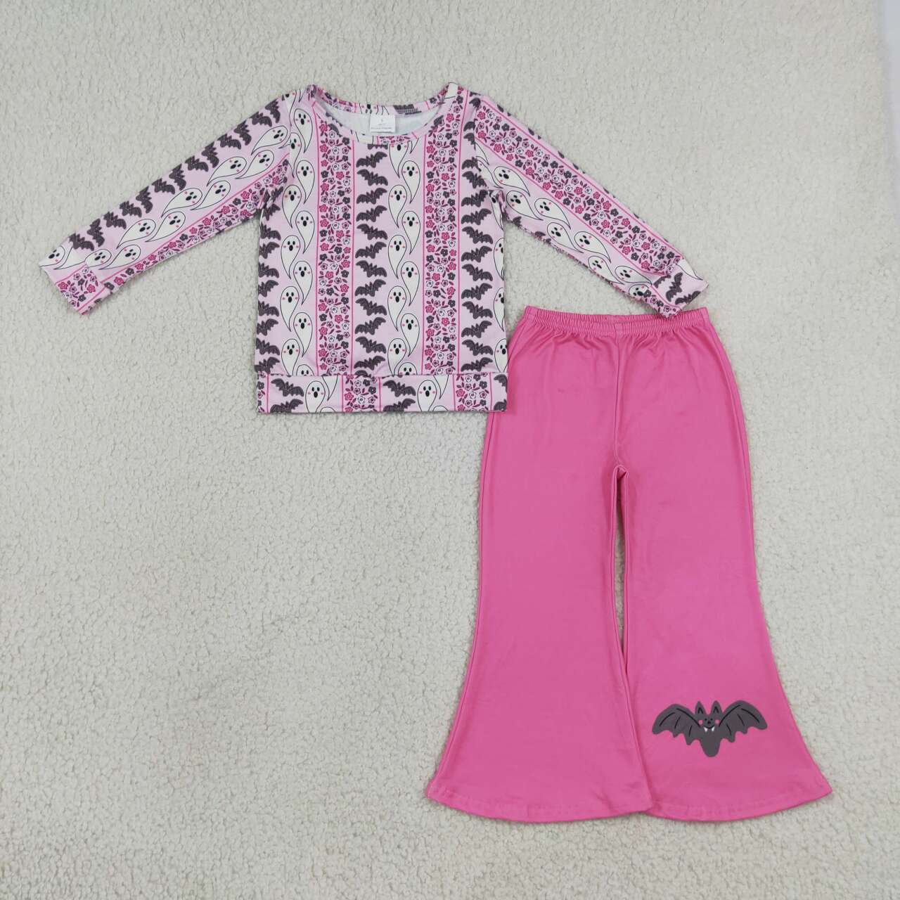 GLP3537 Ghost Bat Flowers Top Pink Bell Pants Girls Halloween Clothes Set