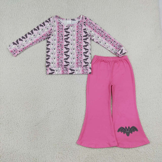 GLP3537 Ghost Bat Flowers Top Pink Bell Pants Girls Halloween Clothes Set