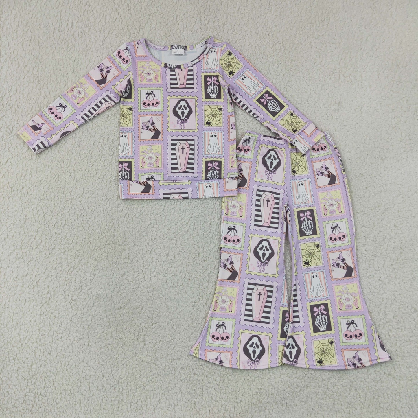 Cherry Bows Plaid Print Bell Pants Girls Halloween Clothes Set