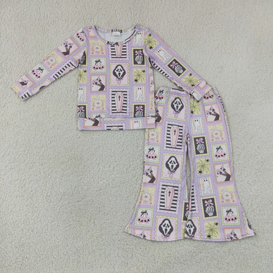 GLP3402 Ghost Cherry Bows Plaid Print Bell Pants Girls Halloween Clothes Set