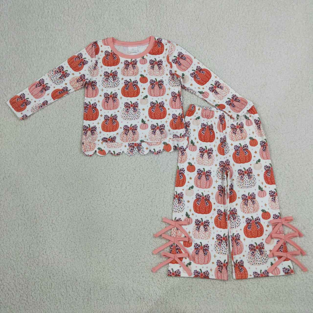 GLP3435 Pumpkin Bows Scallop Edge Top Bows Straight Pants Girls Fall Clothes Set