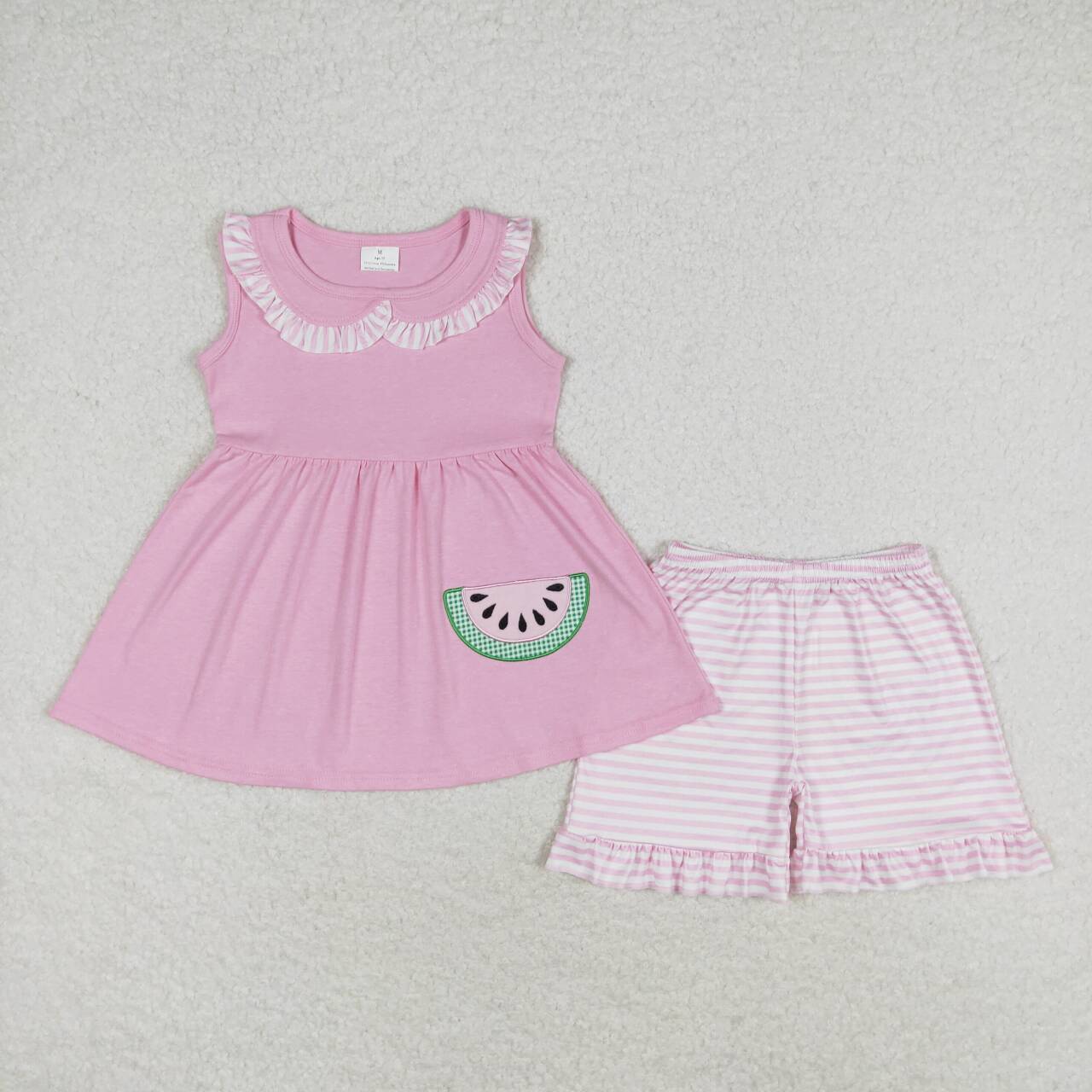 GSSO1055  Watermelon Embroidery Doll Collar Tunic Top Pink Stripes Shorts Girls Summer Clothes Set