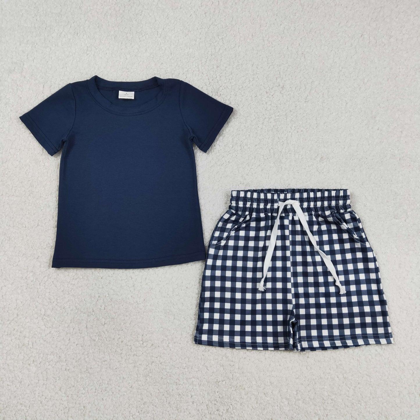 BSSO1882 Baby Boys Short Sleeve Navy Top with Gingham Shorts Outfit