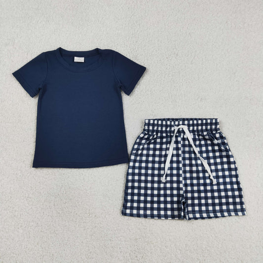 BSSO1882 Baby Boys Short Sleeve Navy Top with Gingham Shorts Outfit