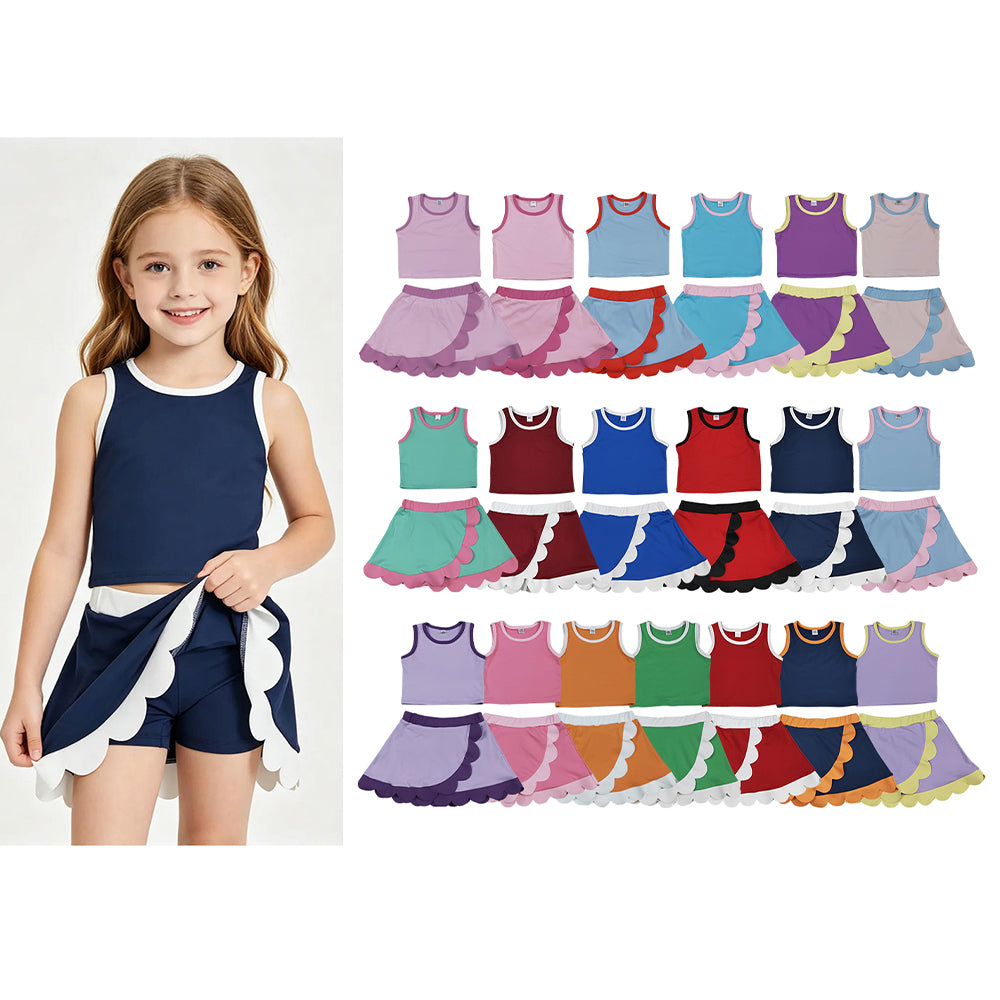 20 Solid Colors Tank Top Scallop Edge Skort Baby Girls Active Clothes Set Sisters Yoga Outfits