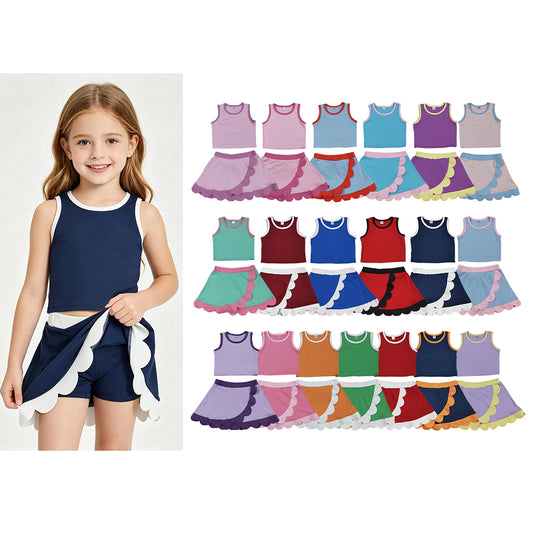 20 Solid Colors Tank Top Scallop Edge Skort Baby Girls Active Clothes Set Sisters Yoga Outfits