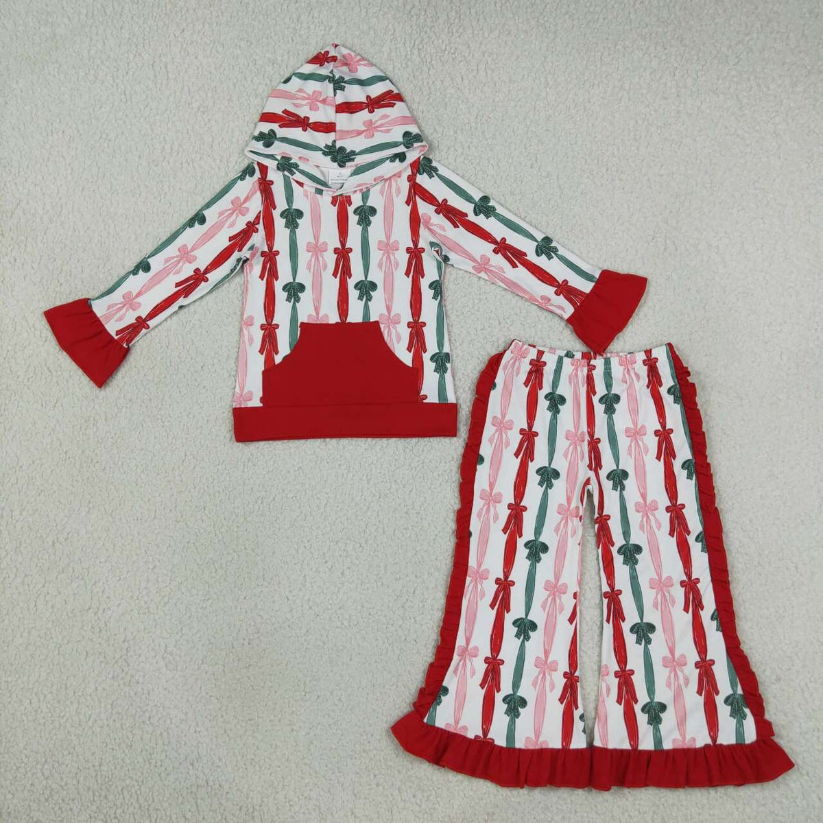 GLP3497 Bows Stripes Hoodie Top Ruffle Bell Pants Girls Christmas Clothes Set