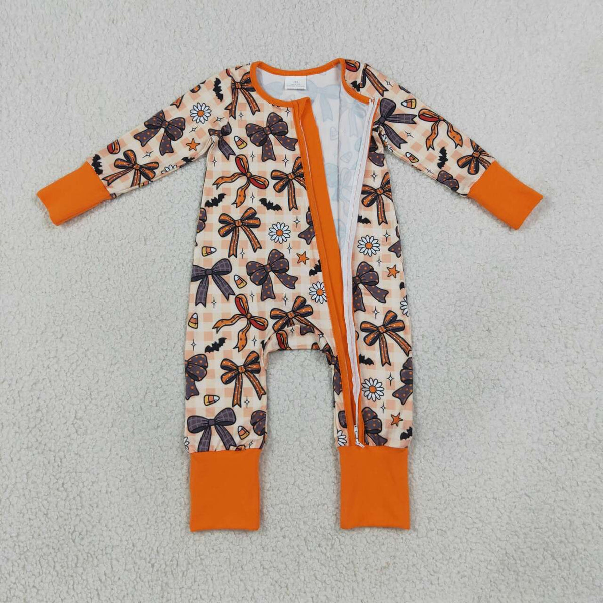 LR3161 Bows Candy Flowers Bat Baby Girls Halloween Long Sleeve Zipper Sleeper Romper