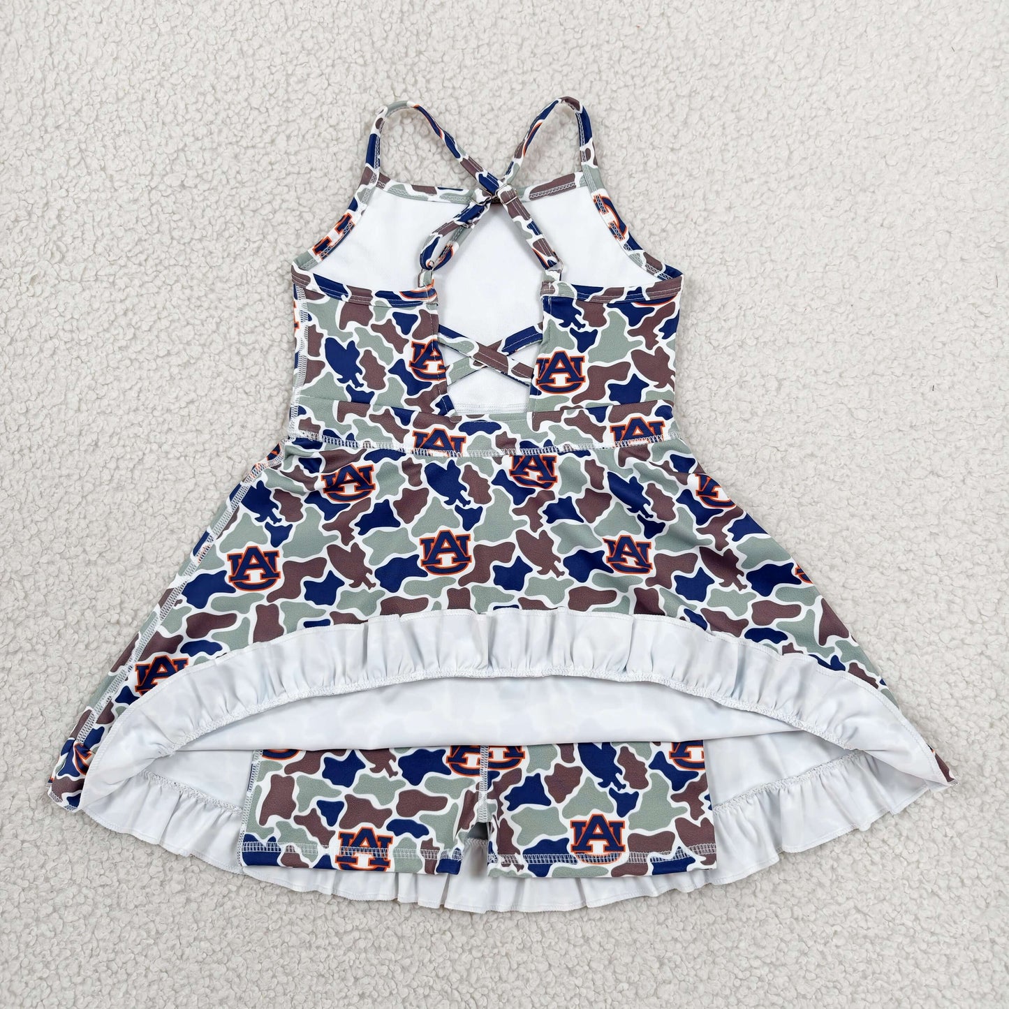 GSD3588 Teams Auburn Camo Print Girls Summer Strap Shorts Ruffle Knee Length Yoga Dress