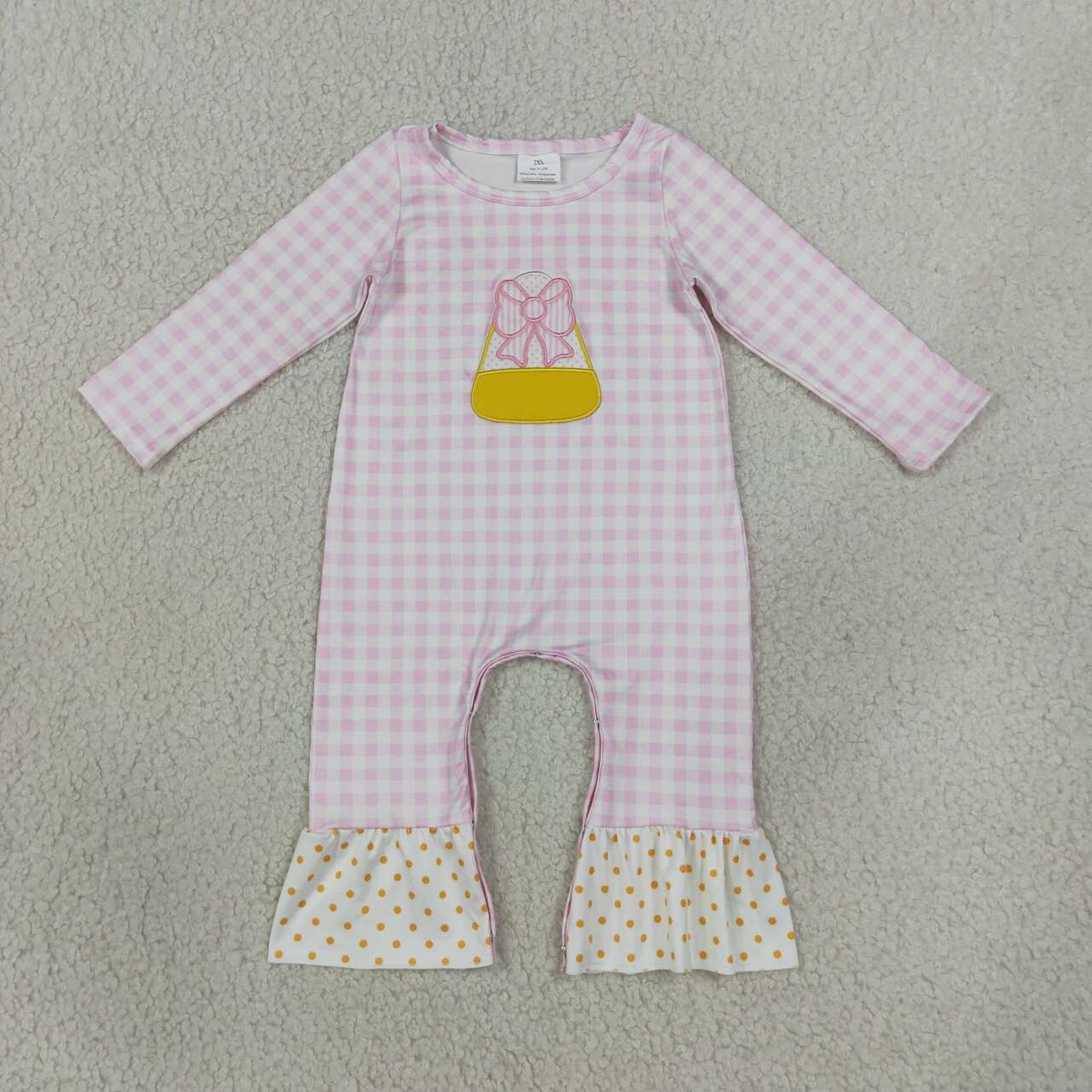 LR3022 Candy Embroidery Pink Checkered Baby Girls Halloween Romper