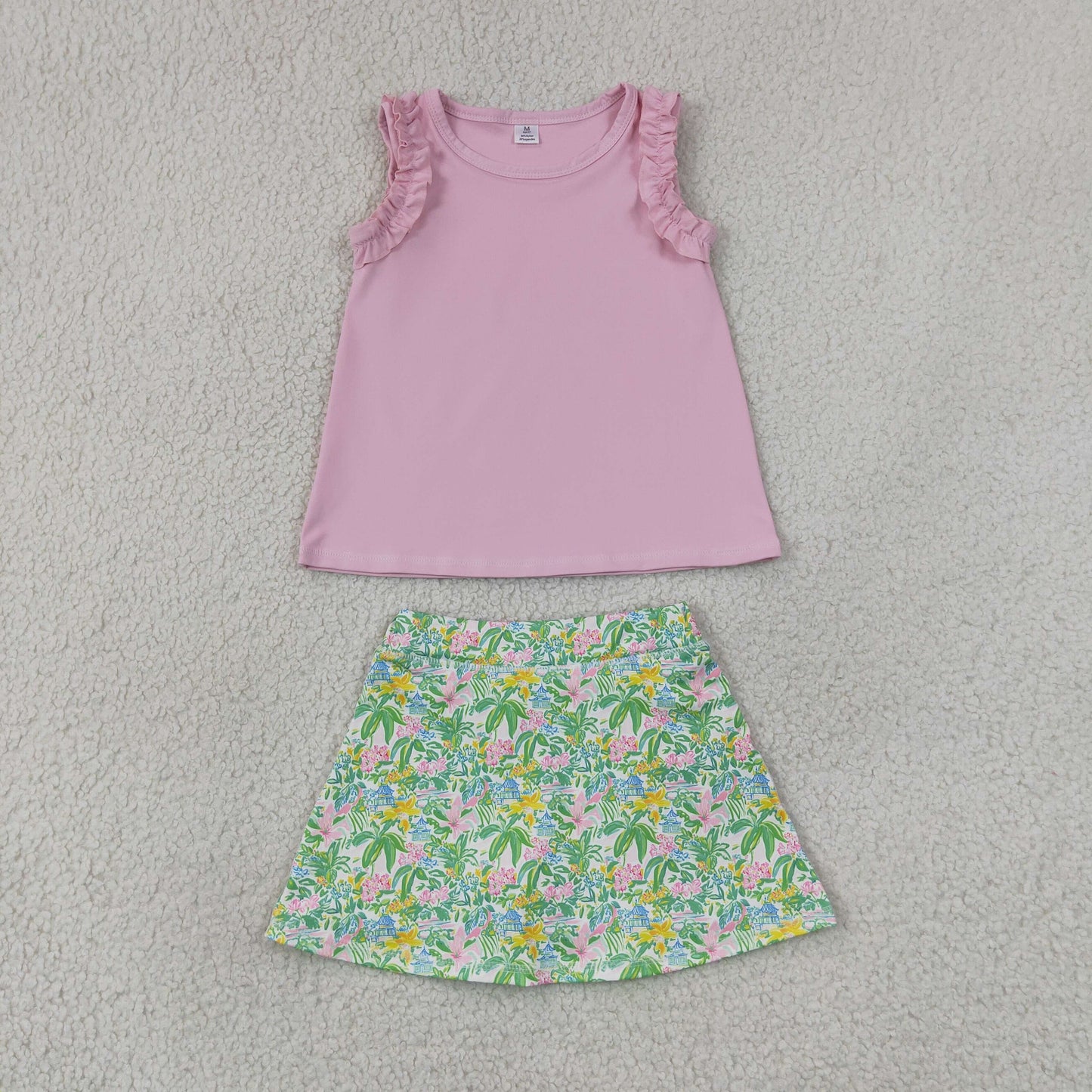 Pink Sleeveless Top Floral Pagoda Skirts Girls Summer Yoga Clothes Set