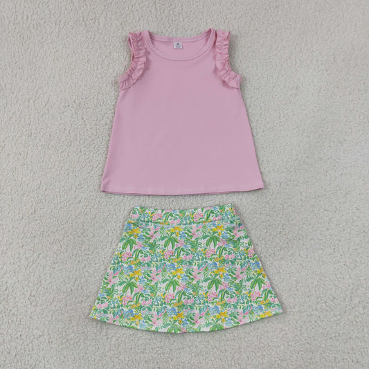 GSD4217 Pink Sleeveless Top Floral House Active Skort Girls Summer Clothes Set