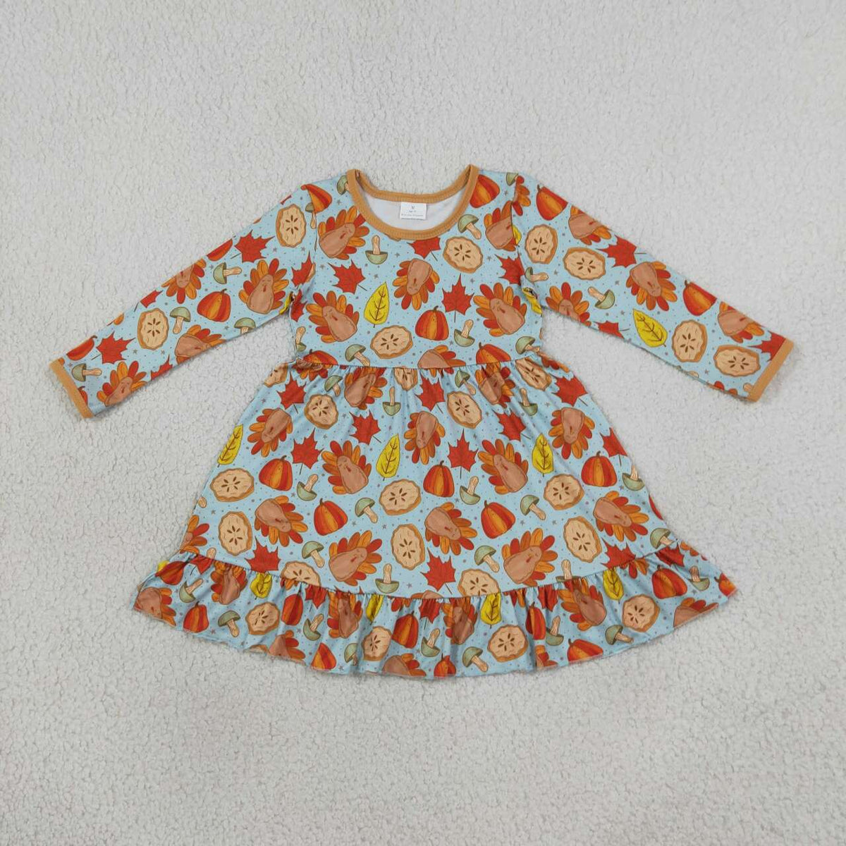 GLD1692 Turkey Pumpkin Pie Leaf Print Girls Thanksgiving Dress