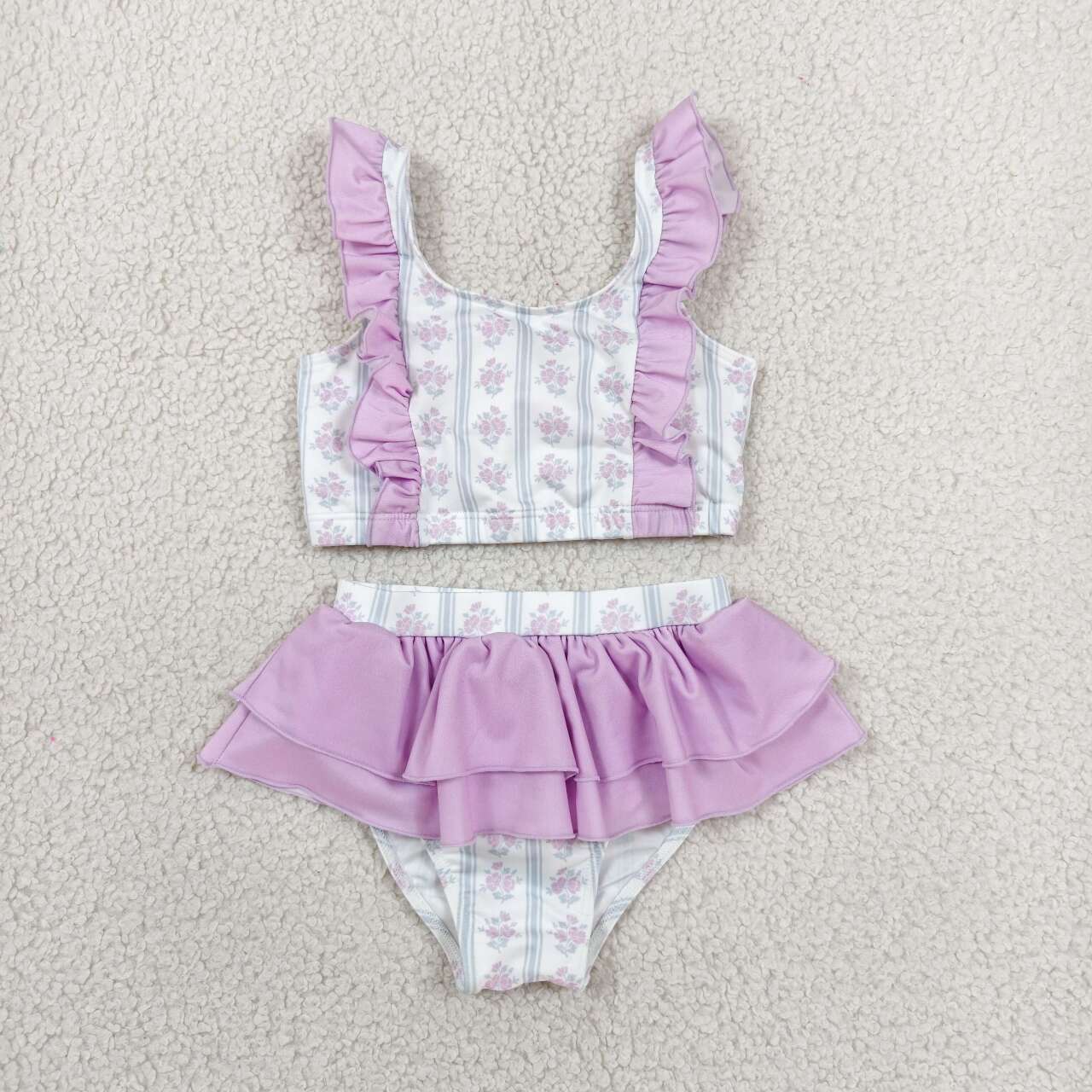 S0644 Purple Floral Stripes Print Baby Girls 2 Pieces Swimsuit With Ruffle
