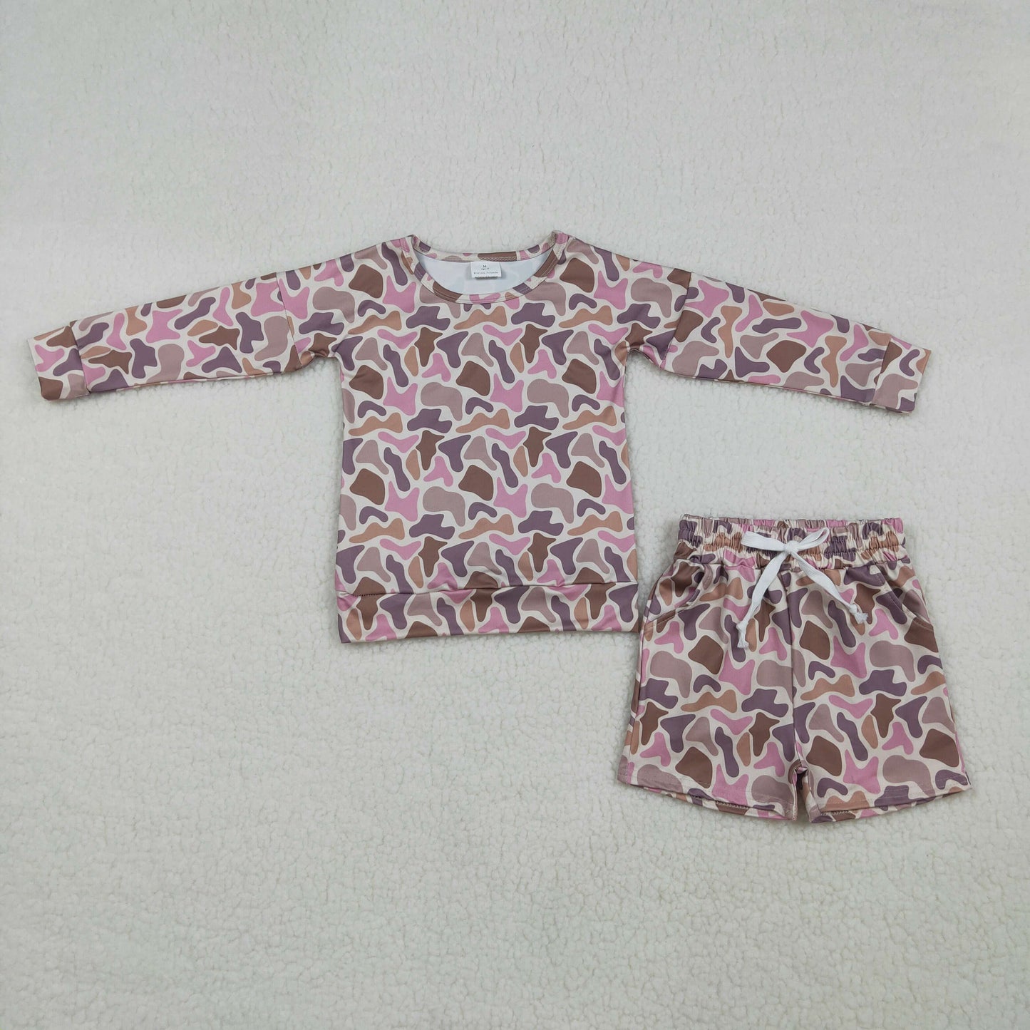 Baby Girls Pink Brown Camo Long Sleeve Top with Shorts Outfit