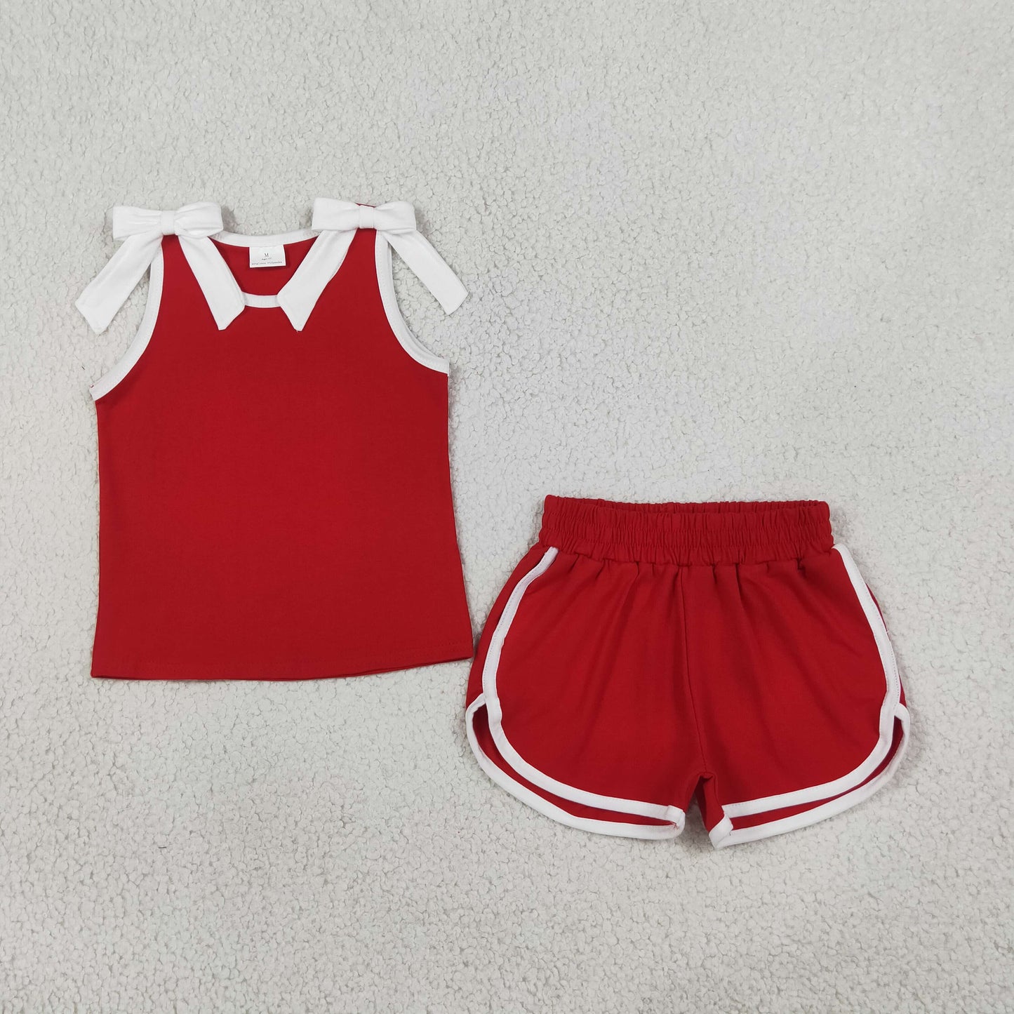 GSSO3821 Teams White Bow Vest Top Red Pockets Shorts Girls Cotton Summer Clothes Set
