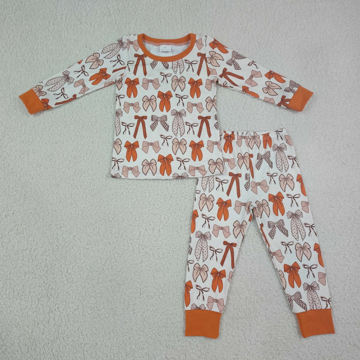 GLP3531 Brown Bows Print Long Sleeve Pants Girls Pajamas Clothes Set