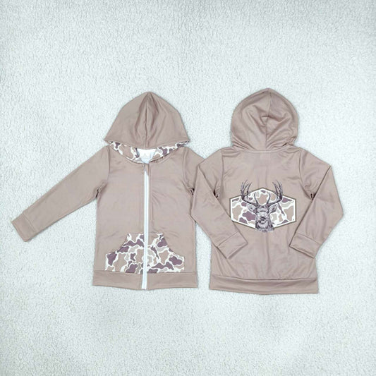 GT1144 Deer Camo Brown Print Boys Pockets Zipper Hoodie Jackets Top