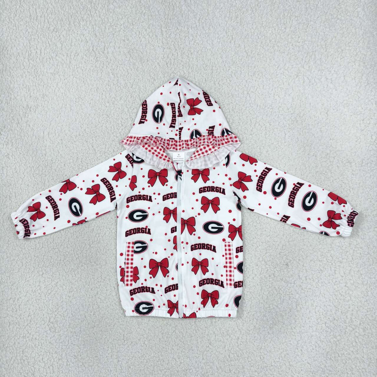 GT1831 Baby Girls Sport Team Georgia Bow Gingham Trim Long Sleeve Zip Jackets Top