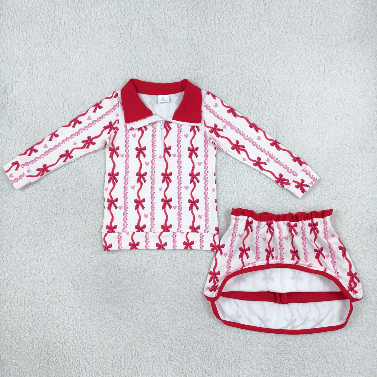 GLD1751  Red Bow Heart Long Sleeve Zip Pullover Top with Skort Girls Valentine's Day Outfit