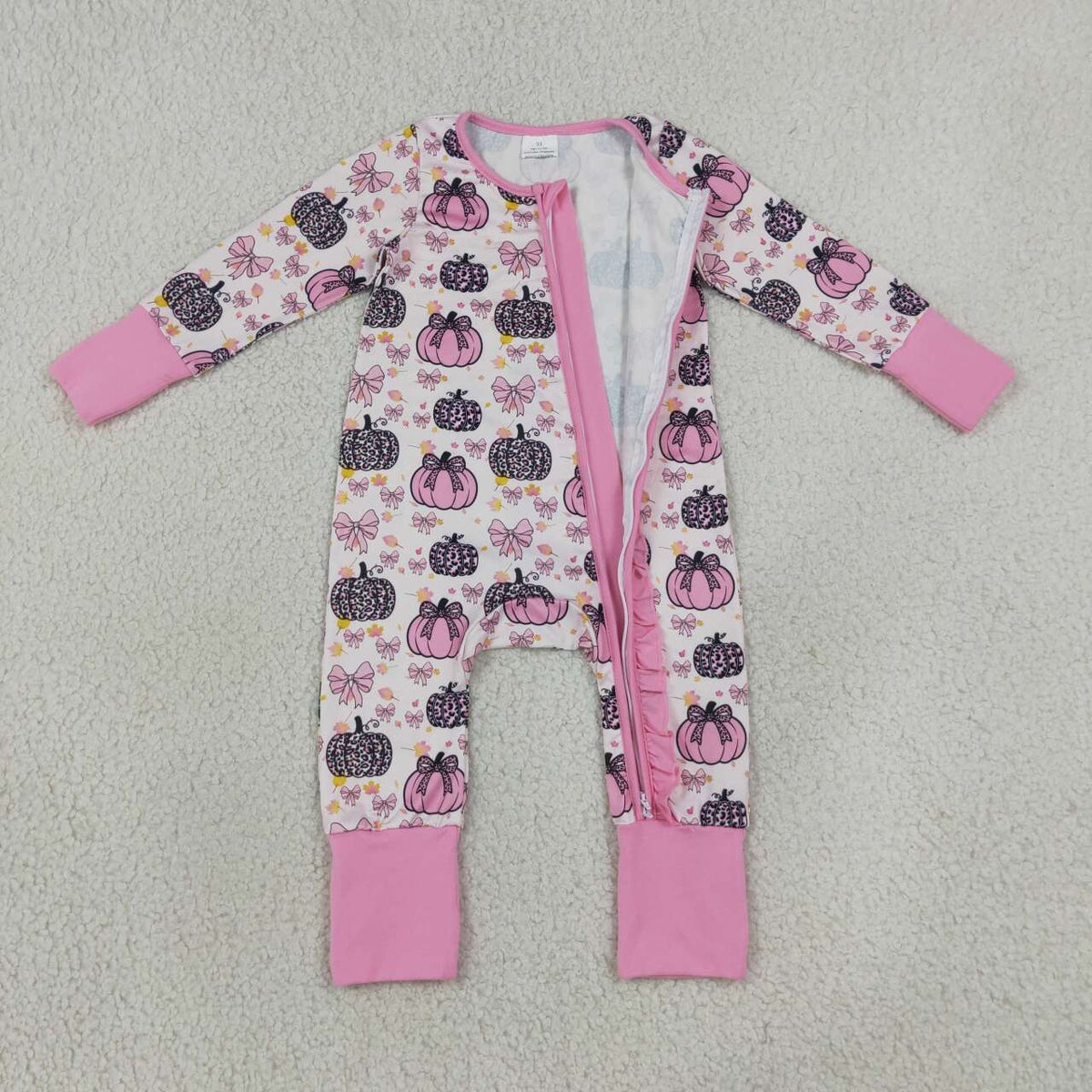 LR3061 Pumpkin Bows Leopard Pink Baby Girls Fall Ruffle Zipper Sleeper Romper