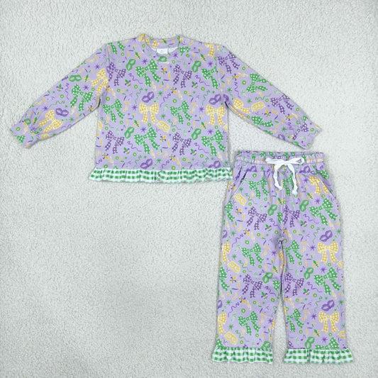 GLP3680 Mask Green Purple Yellow Bows Print Girls Mardi Gras Ruffle Clothes Set