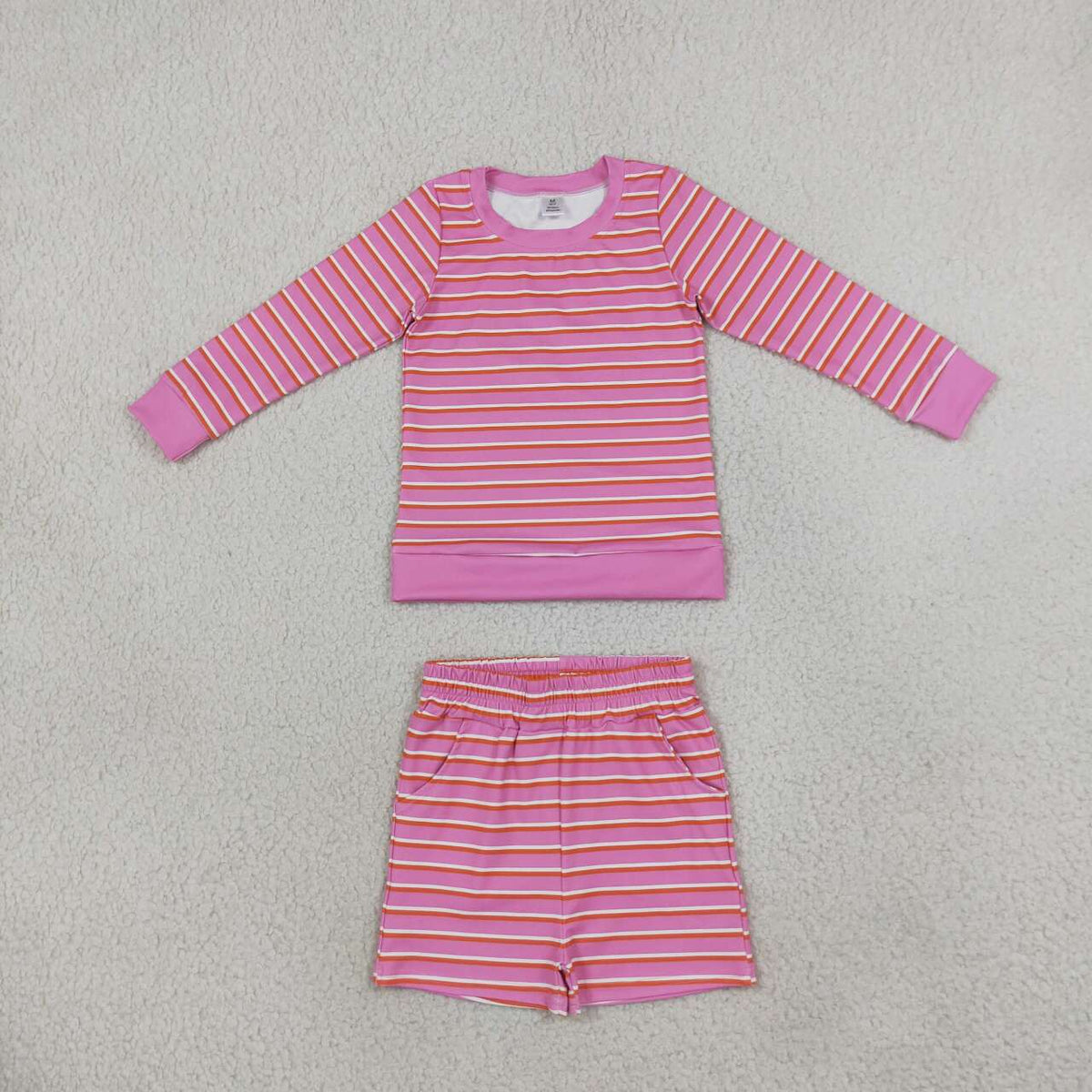 GLS0126 Pink Striped Girls Long Sleeve Top Pockets Shorts Yoga Outfits