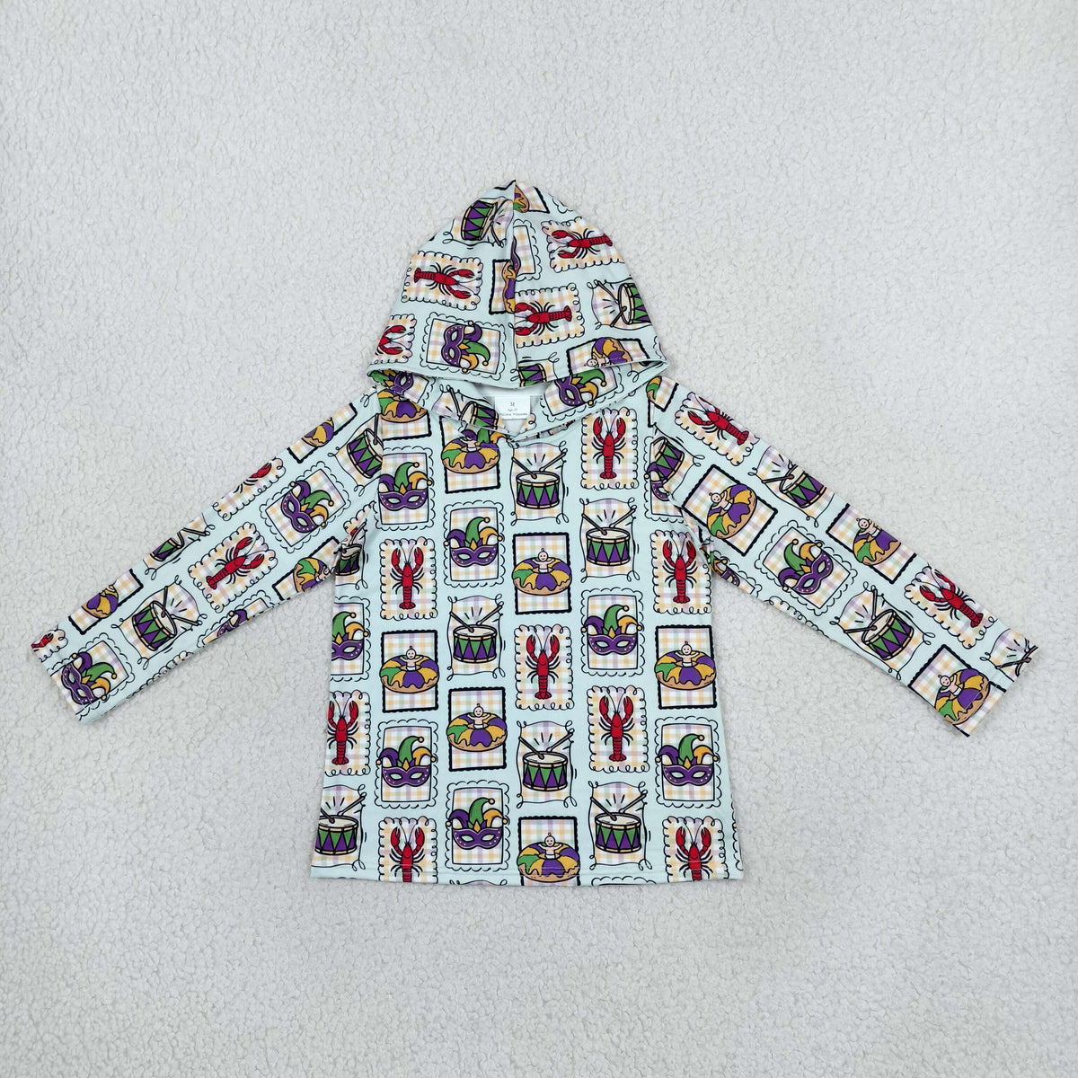 BT1968 Mask Crayfish Donut Print Boys Mardi Gras Long Sleeve Hoodie Top