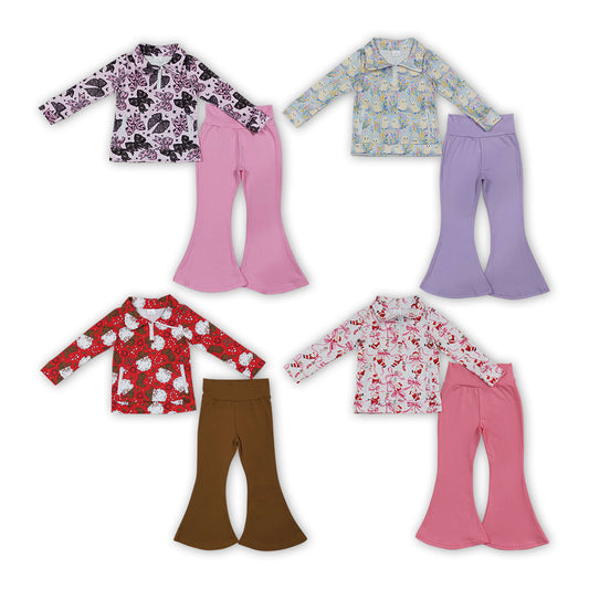 Sibling Kids Girls Holiday Long Sleeve Zipper Pullvoer Top Flare Pants Outfit