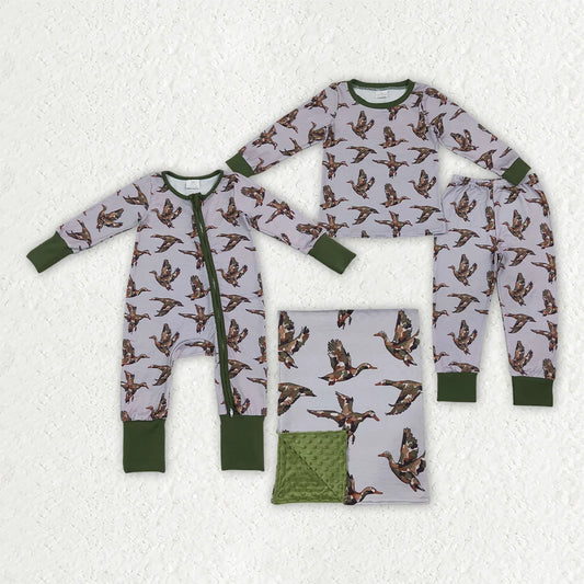Sibling Baby Boys Camo Mallard Duck Long Sleeve Pajama Set Zipper Romper Blanket