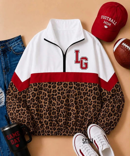 (Custom  Preorder MOQ 5) Baby Boys Long Sleeve White Red Leopard LG Team Zip Pullovers Tops