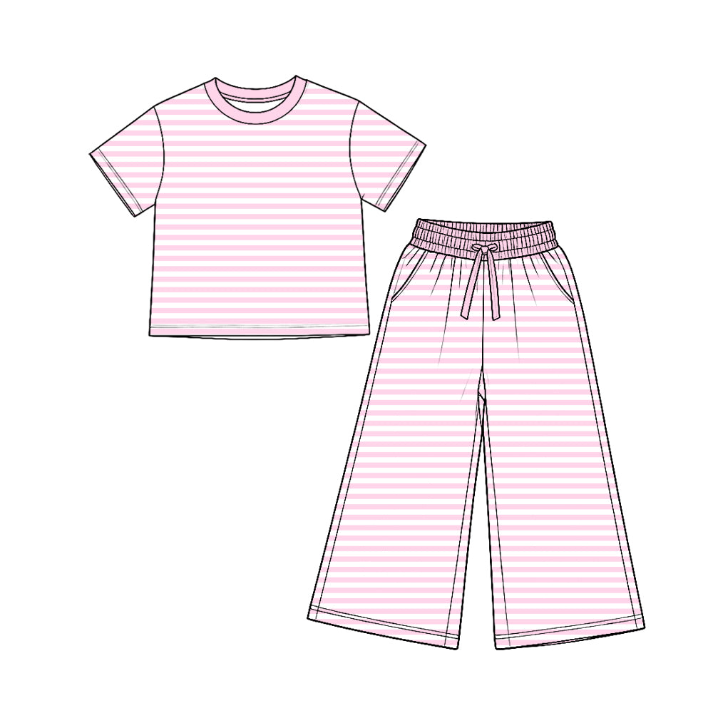 (Custom Design Preorder MOQ 5)Kids Girls Pink Striped Short Sleeve Top Pants Outfit