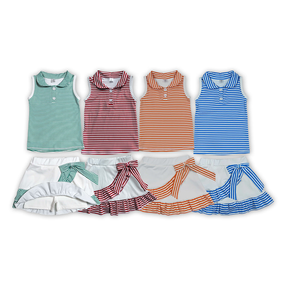 3 Colors Stripes Button Polo Top Ruffle Skort Girls Summer Active Clothes Set Sisters Yoga Sports Wear