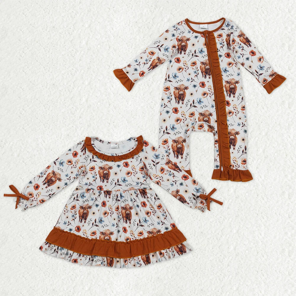Sibling Baby Girls Highland Cow Flowers Long Sleeve Dress and Zipper Romper